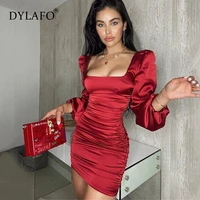 2021 new satin puff sleeve ruched dress for women solid square collar sexy dresses ladies streetwear backless zip vestidos