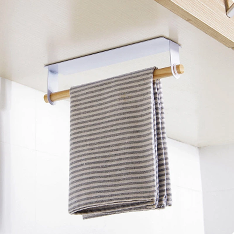

Metal Wall Hanging Holder Wood Towel Shelf Toilet Paper Organizer Rag Holder Plastic Wrap Film Storage Racks Kitchen Accessorie