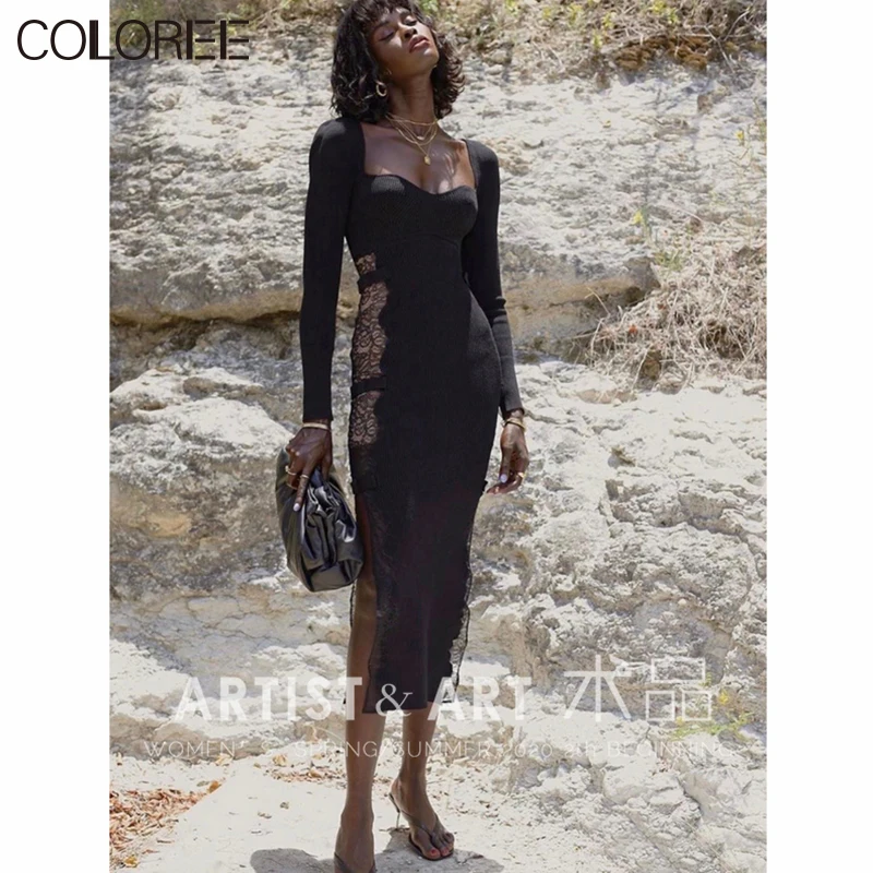 Женское трикотажное платье свитер средней длины Черное Кружевное Платье