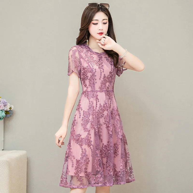 

Temperament women's dress summer new fashion short sleeve skirt slow work embroidery mesh skirt medium length A-line skirt
