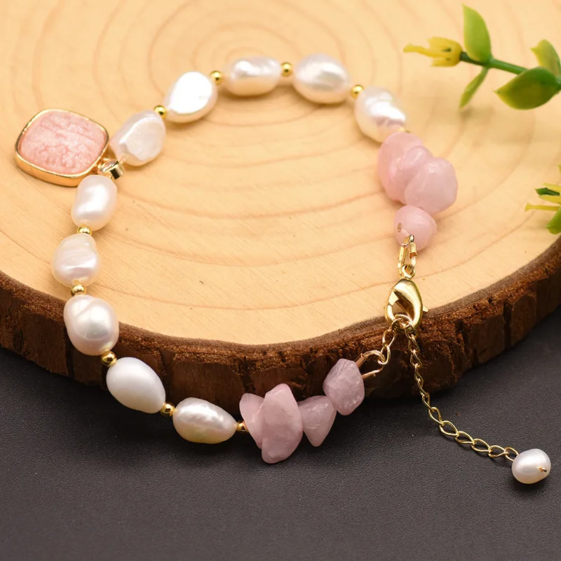 

Natural Pink Green Crystal Stone Fresh Baroque Pearl Bracelet For Women Girl Birthday Handmade Fashion Fine Jewelry Accessories