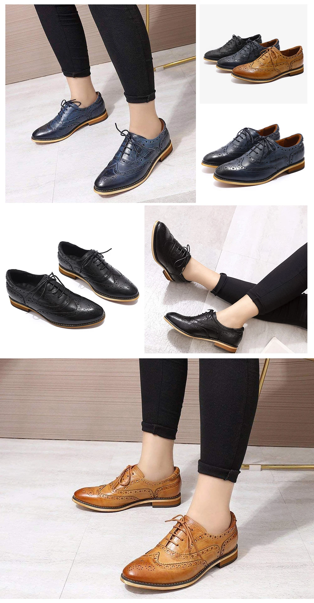 Mona Flying Womens Leather Oxfords Shoes Stylish Perforated Wingtips Brogues Flats Lace-up Shoes for Woman Ladis Female A068-1
