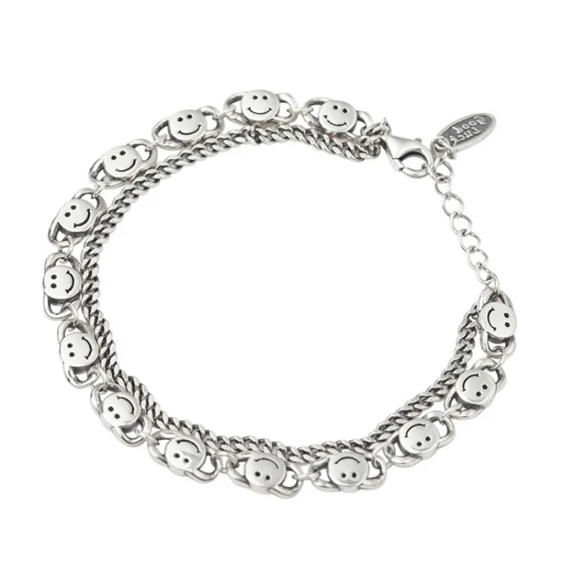 

Retro Smiley Double Layer Bracelet For Women 925 Sterling Silver Female Original Thai Silver Vintage Jewelry 2021 New