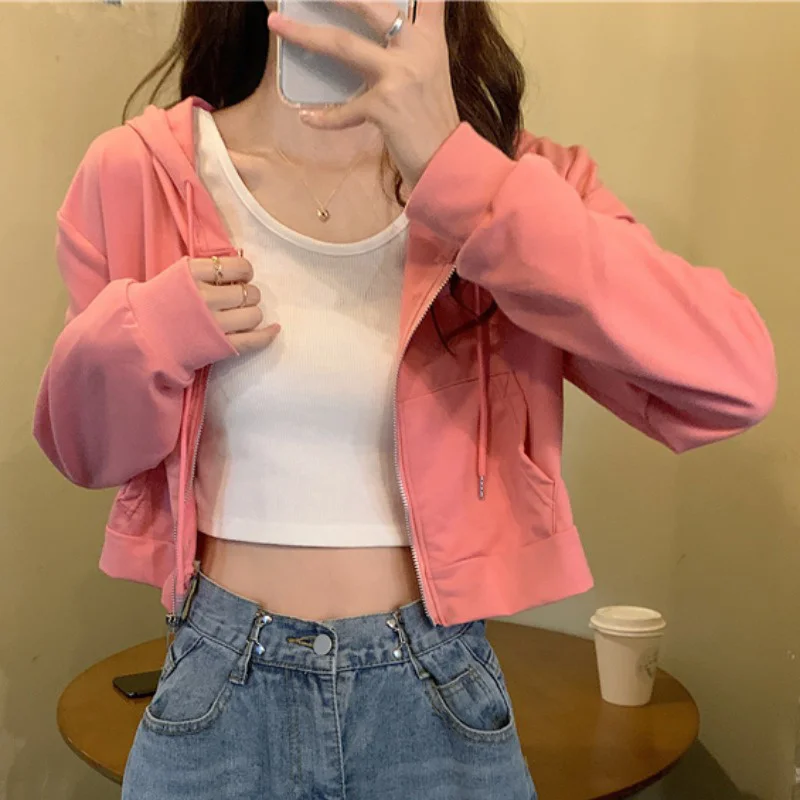 

Pink Short Small Hooded Cardigan Sweater Coat Spring Autumn Drawstring Long Sleeve Casual Top Fashion Rac