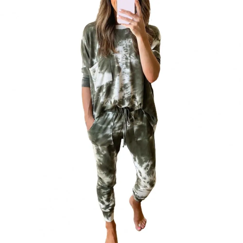 

Women Sports Pants O Neck Suit Printed Pockets Loose Printed Two Pieces Casual Suit Loose Stylish Elastic Waist Matching Sets