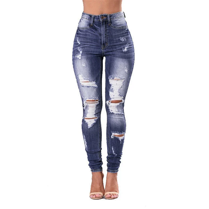 

2021 Fashion Pencil Pants Mid Waist Ripped Pants Skinny Denim Fit Stretch Pants For Women Slim Narrow Leg Mid Waist Trousers