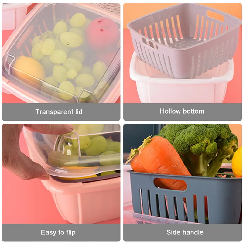 

Double-layer Drain Basket With Lid Refrigerator Crisper Multifunctional Square Storage Basket Large Washing Vegetable Basket