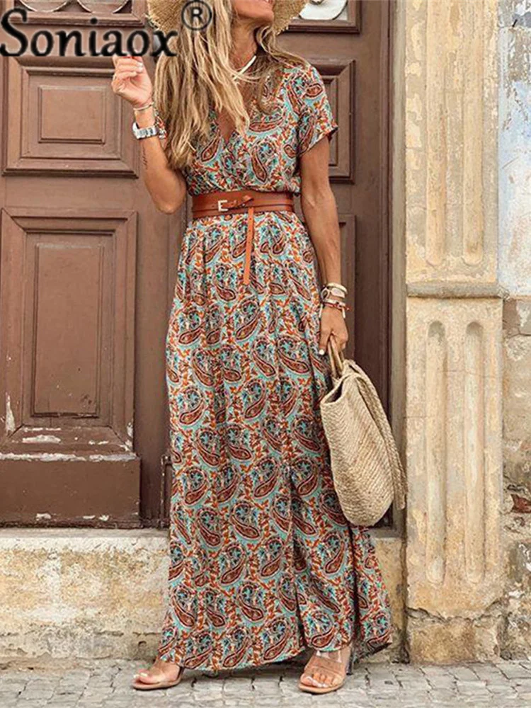 Купи Fashion Boho Long Dress For Ladies V Neck Short Sleeve Paisley Print Belt Large Hem Beach Maxi Dress Elegant Women's Dress 2021 за 590 рублей в магазине AliExpress