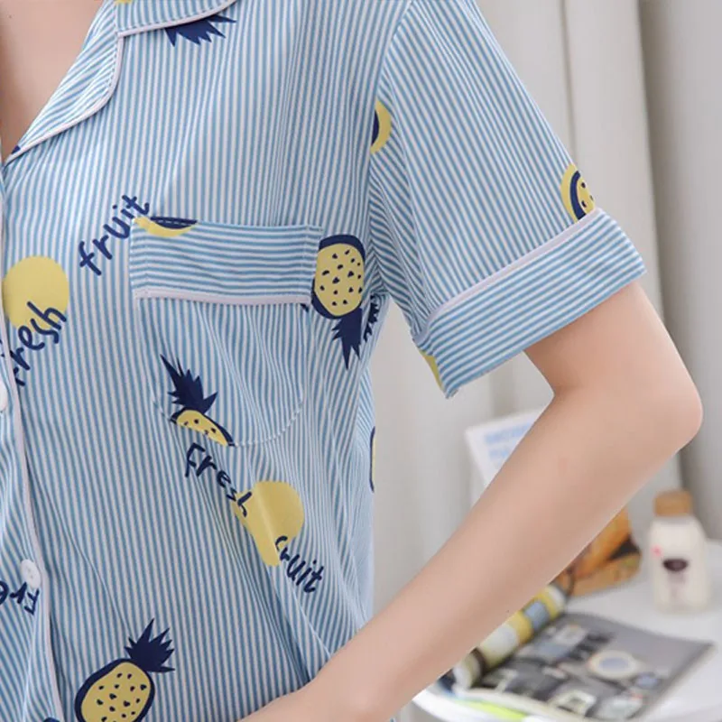 

New Summer Ladies Pajamas Women Short-sleeved Trousers Cardigan Lapel Button Suit Casual Furniture Clothes Home Sleepwear