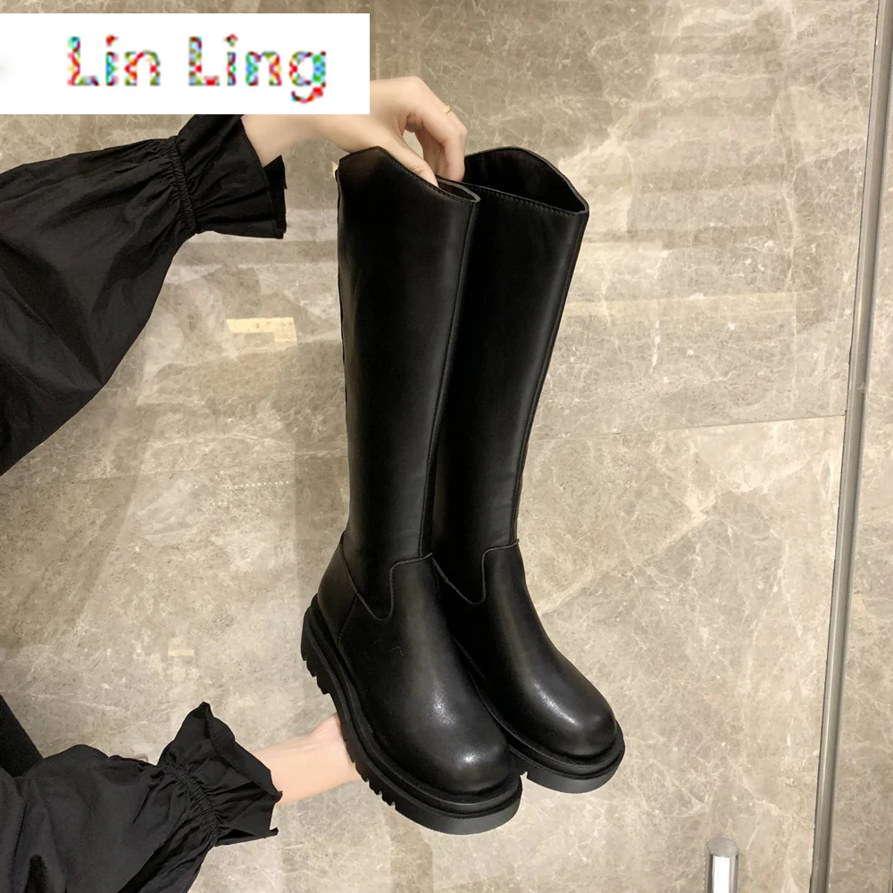 Женские сапоги до колена черные мотоциклетные на платформе высокие толстой