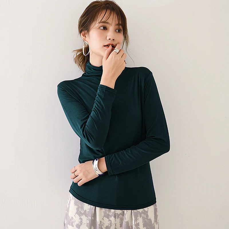 

Spring Autumn Korean Casual Half High Collar T-shirt Modal Long Sleeve Good Elasticity T-shirt Women's Slim Bottoming Top Tees