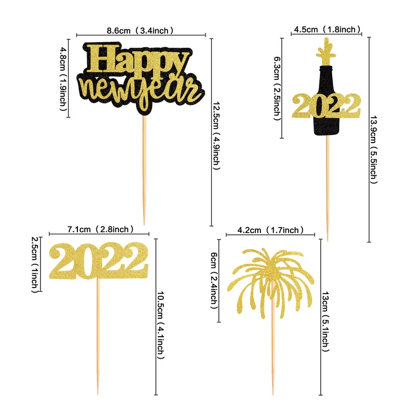 4 Uds Feliz A&ntilde;o Nuevo Cupcake Topper selecciones de pastel para A&ntilde;o Nuevo 2022 Eve cumplea&ntilde;os Navidad tarta casera decoraci&oacute;n de fiesta bandera-4