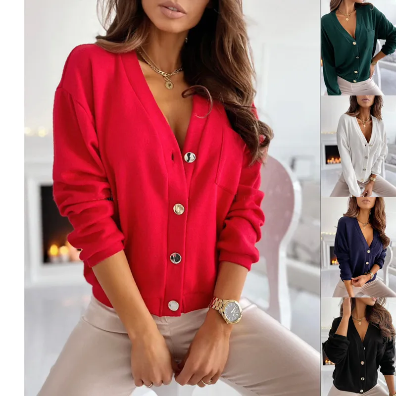 

Thorn Tree Autumn Spring Coats Jackets 2021 Long Sleeve V-neck Buttons Up Open Stitch Solid Outwear Poackets Loose Causal Coats