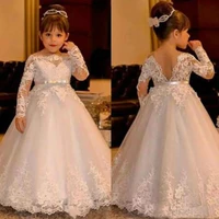princess flower girl dresses sheer neck illusion long sleeves lace appliques floor length tulle kids formal gowns for wedding