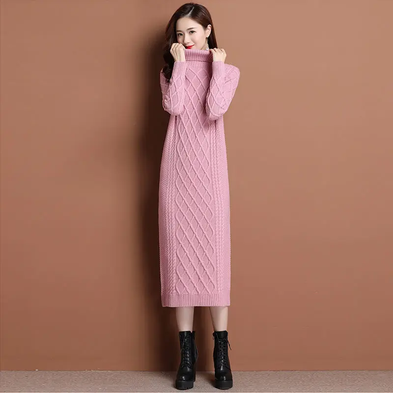 

Winter women's turtleneck knitted dress long sleeved twist wool dress