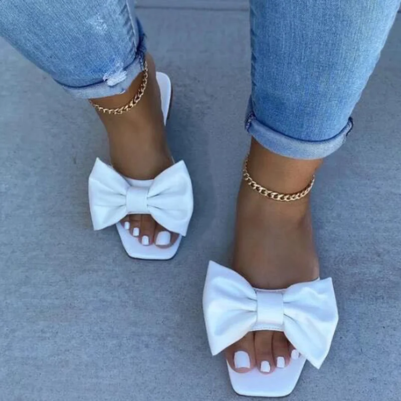 

2020 Yellow Square Open Toe Bowknot Flat Heel Slip-on Slides Flat Casual Slides Summer Outdoor Beach Female Flip Flops