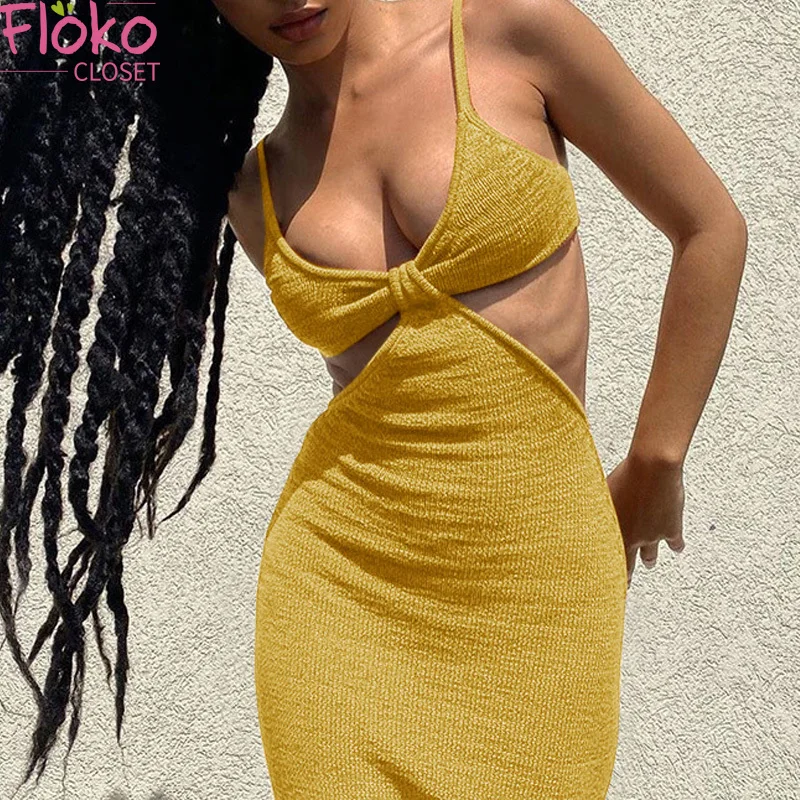 

Flokocloset Sexy Backless Hollow Our Irregular Maxi Dress Summer Elegant Slim Party Ruffles Dress Party Bow Sundress