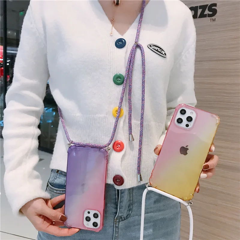 lanyard rainbow gradient phone cases for infinix hot 9 play note 7 8i zero 8 hot 10 lite shoulder rope cord soft cover shell free global shipping