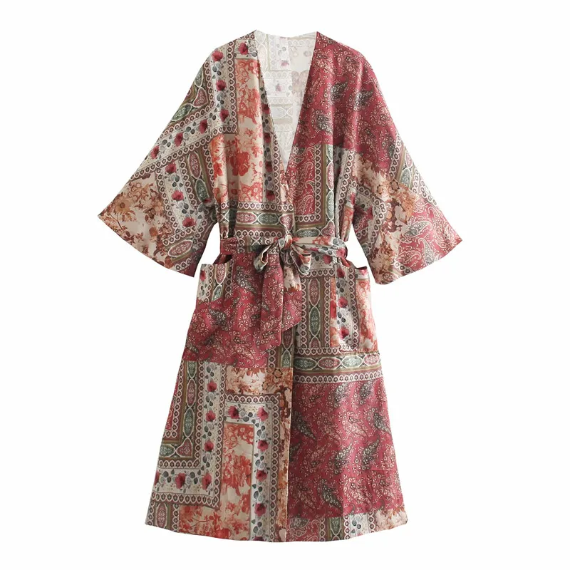 

Nice Casual Women V Neck Bow Lace Blouse New Spring-autumn Vogue Ladies Ethnic Tribal Style Shirt Female Printed Kimono Coat
