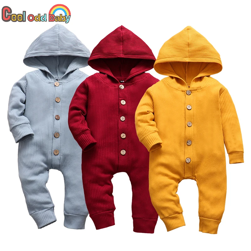 Autumn Newborn Clothes Cotton Baby Boy Girl Romper Long Sleeve Knitted Ribbed Hooded Jumpsuit Spring Solid Infant Clothing 0-18M