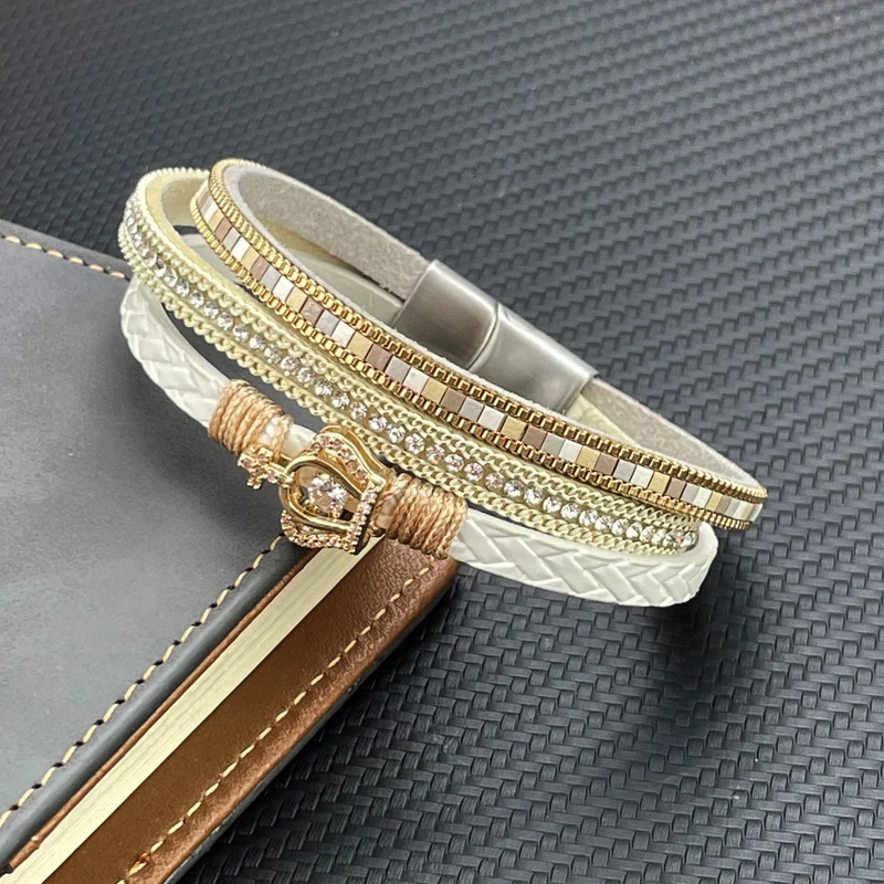 

Fashion Women Bracelet Glamorous Crown Set Zircon Braided Leather Stainless Steel Magnetic Clasp Bracelets Female Jewelry Gift