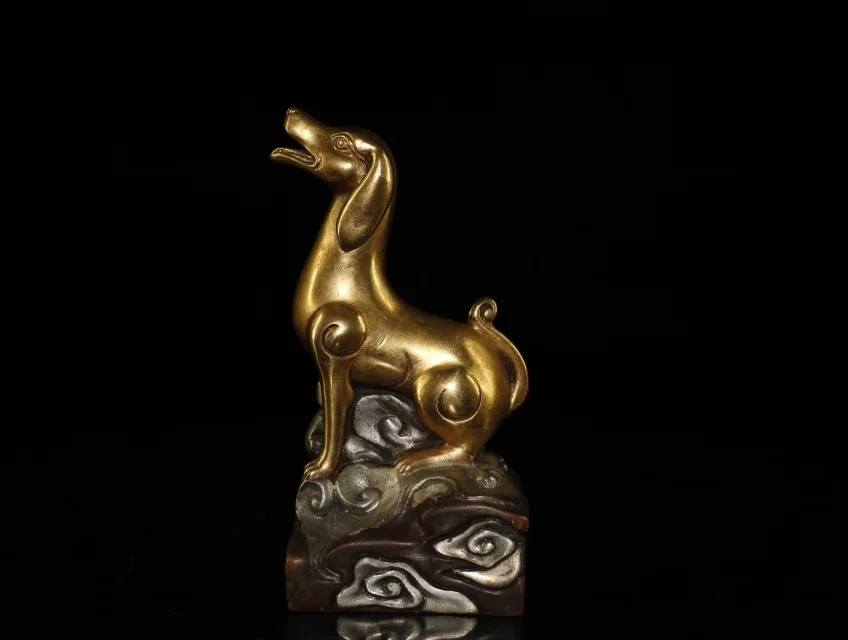 

Home Decor 5" Tibet Buddhism Temple Old Red copper Rub silver Gilt Real gold Zodiac dog statue Lucky Dog Lucky fortune
