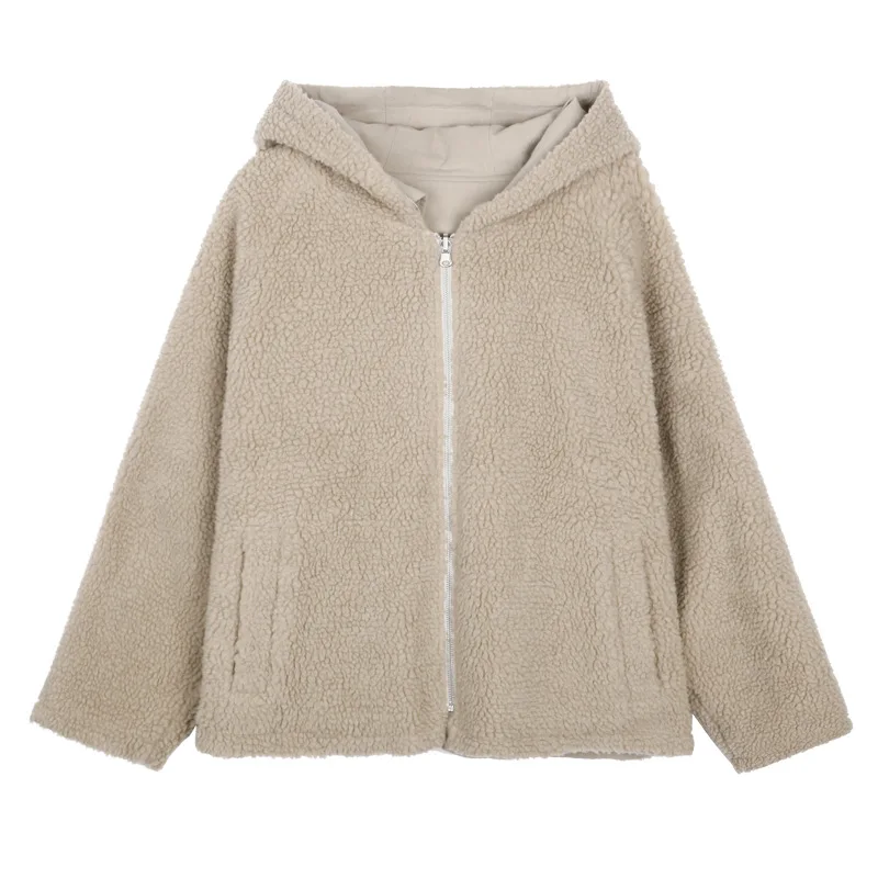 

Casual Zipper Long Sleeve Hooded Woman Coat Pocket Streetwear Khaki Solid Double-sided Female Tops Winter Fashion