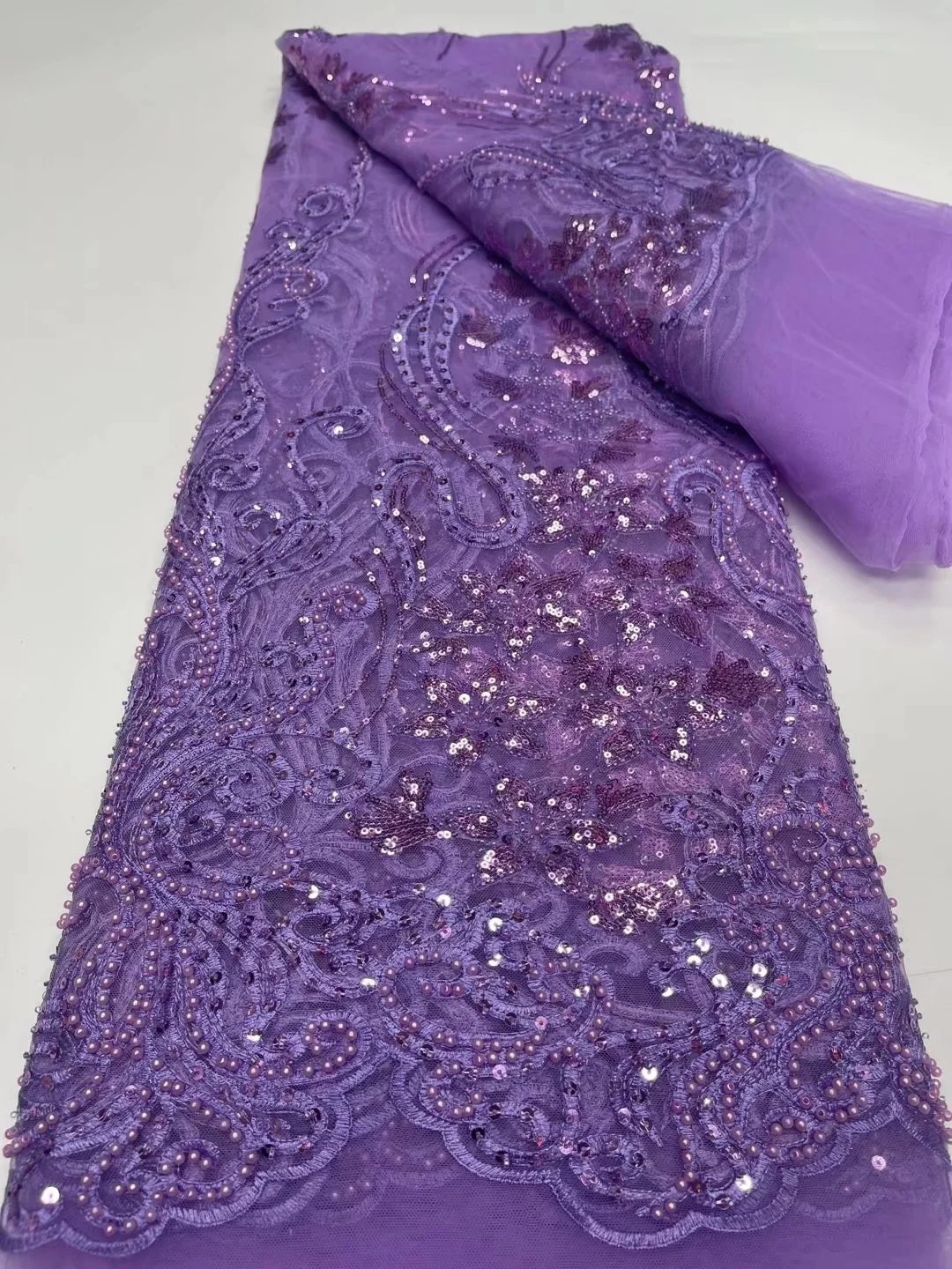 

Purple Luxury Handmade Beaded French Lace Fabric 2021 Embroidery African Sequins Lace Fabrics With Beads Mesh For Wedding