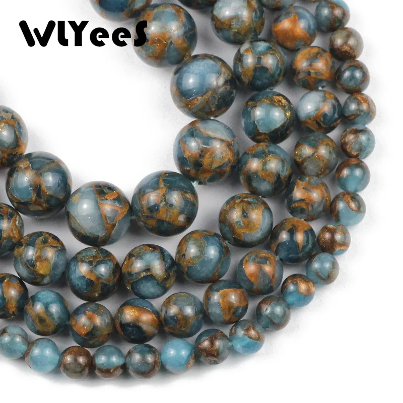 

WLYeeS Nepal Natural Stone light blue gold Round Spacer Loose beads for Jewelry Bracelet Making DIY Pick Size 4 6 8 10 12MM 15''