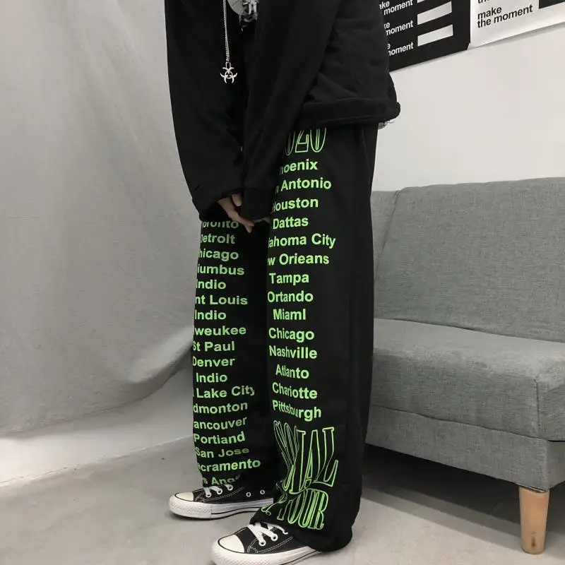 

2021 Streetwear Wide Leg Pants Women Baggy Harajuku Street Style Black Print High Waist Trousers Korean Fashion Goth Palazzo