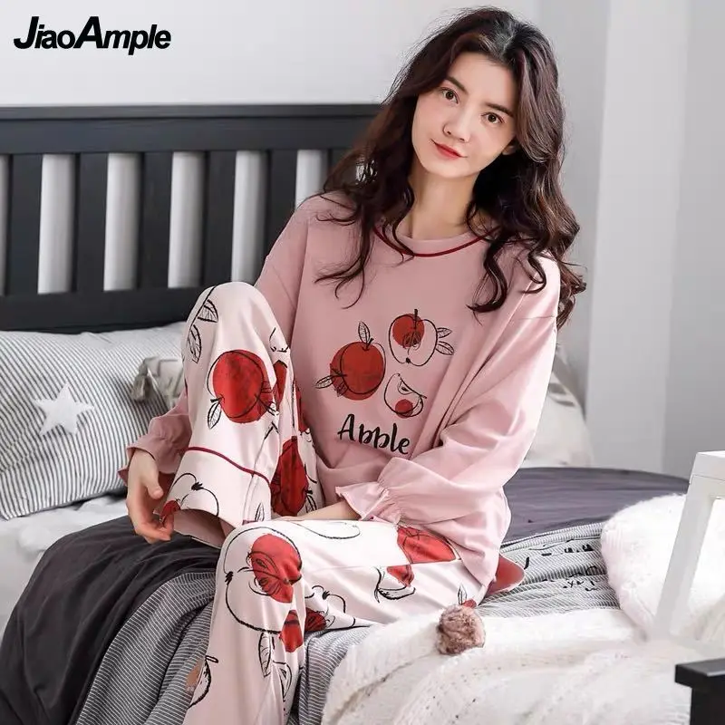 100% Cotton Pajamas Women Spring Autumn Long-Sleeved Trousers Pijamas Two-Piece 2022 New Cute Sexy Sleepwear Homewear Suit