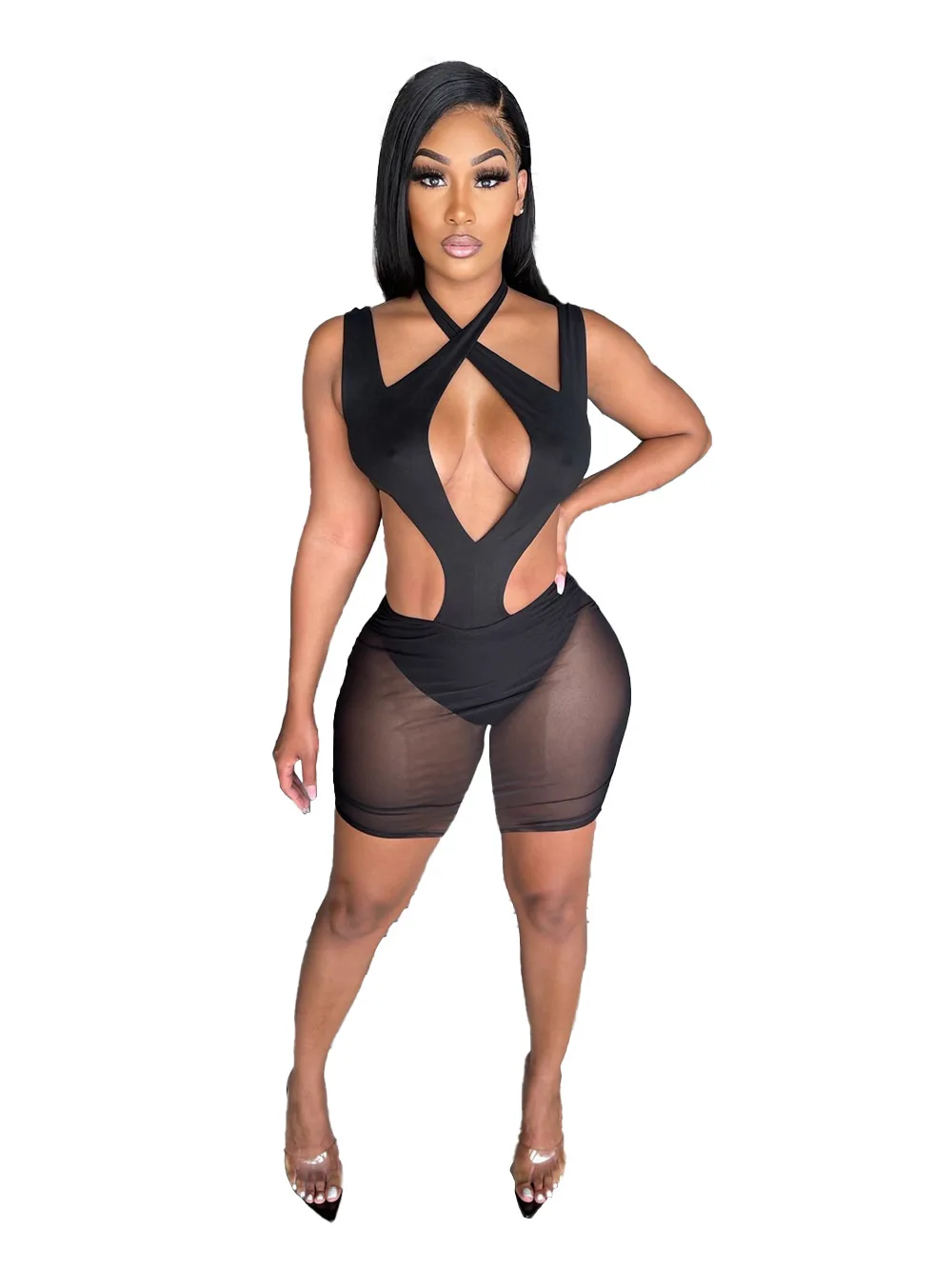 

2021 Ladies Two-Piece Summer Fashion New Button Sleeveless Solid Color Mesh Pants Two-Piece Suit