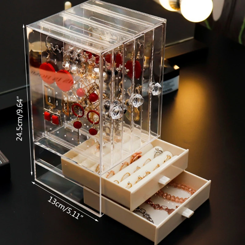 

Portable Earrings Ring Display Stand Shelf Dustproof Transparent Plastic Jewelry Storage Box Drawer Bracelet Organizer
