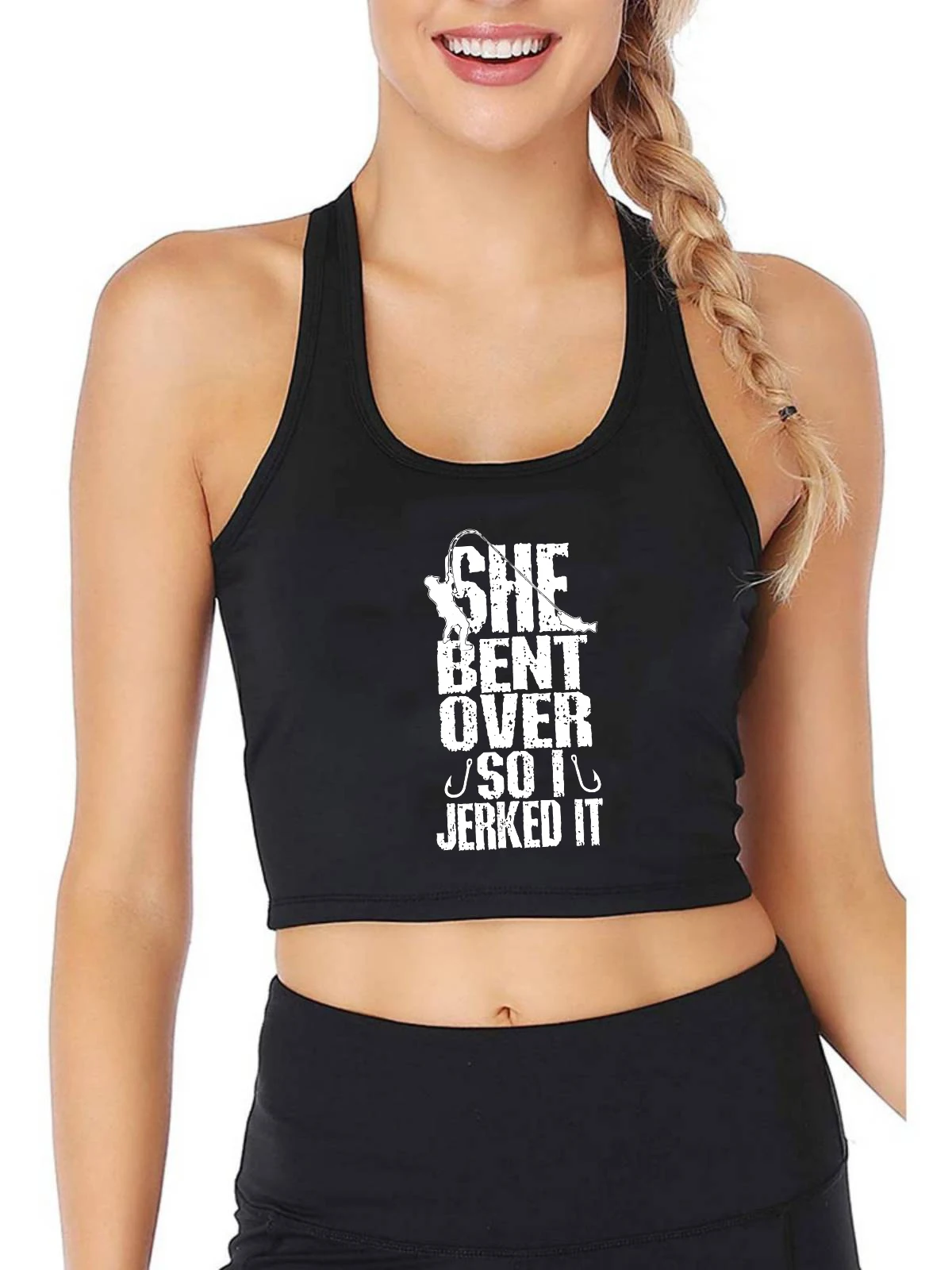 

She bent over so I jerked it fish Print Tank Top Adult Humor Fun Flirty Print Yoga Sports Workout Crop Top Gym Tops
