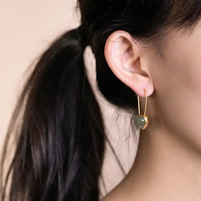 

New silver inlaid natural Hetian jade heart-shaped ear hooks Chinese retro romantic small fresh fairy cute women's brand jewelry
