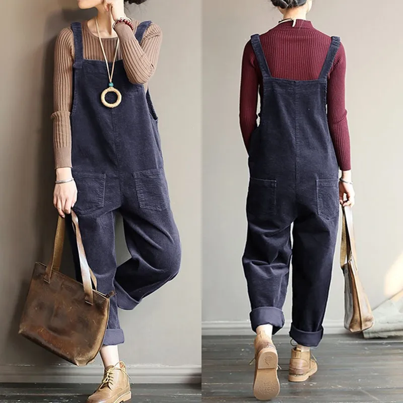 

Kaftan Corduroy Jumpsuits Women's Overalls Casual Rompers 2021 ZANZEA Spring Suspender Button Playsuits Female Solid Pant Turnip