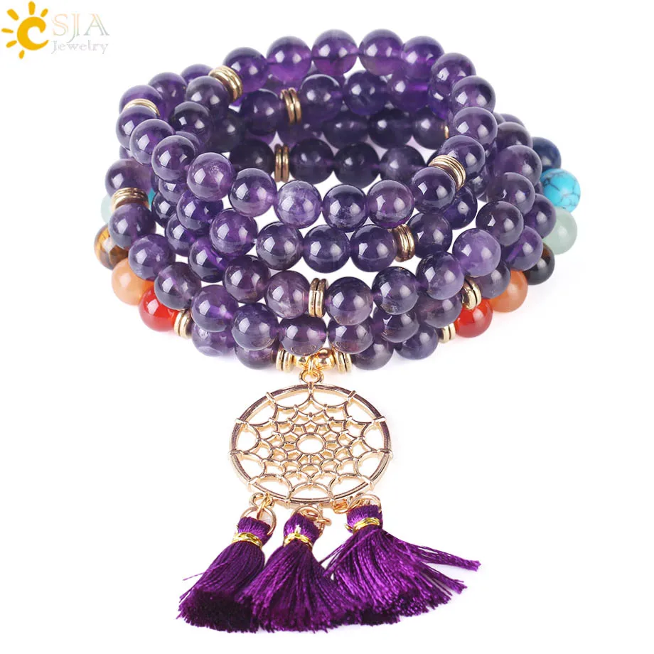 CSJA Japamala 108 Mala Beads 8 мм браслет из натурального камня Ловец снов кисточка Шарм