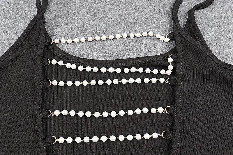 

Black Bodysuit Women's Jumpsuit Solid Color Pearl Decoration Body Bodies Overalls for Women 2021 Summer Sexy Backless Bodysuit