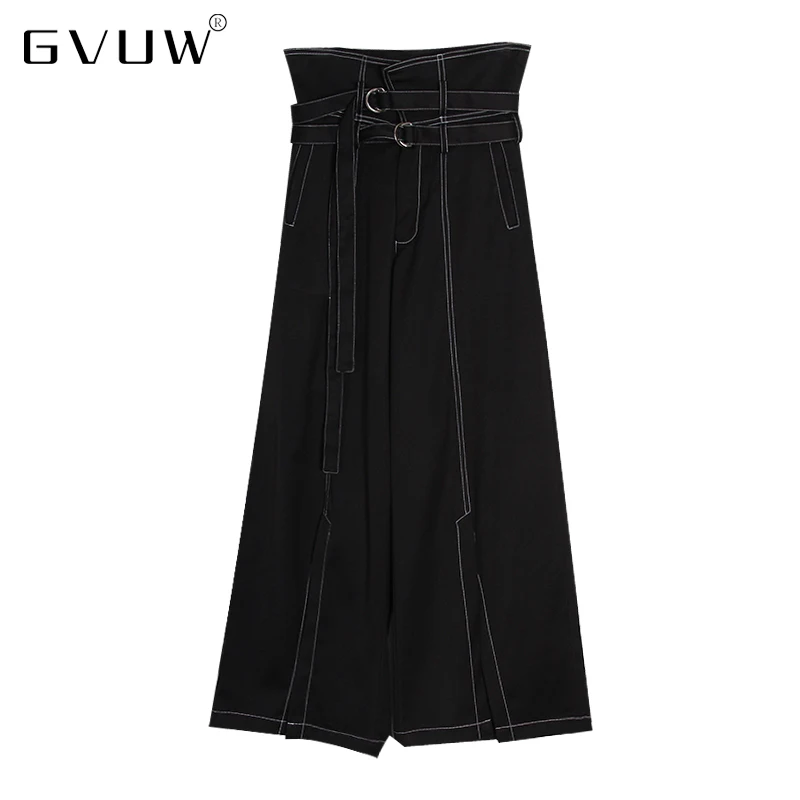 

GVUW 2021 Autumn Winter Loose Wide Leg Pants High Waist Belt Shows Thin Open Line Insulated Fleece Leggings Women's KB7906