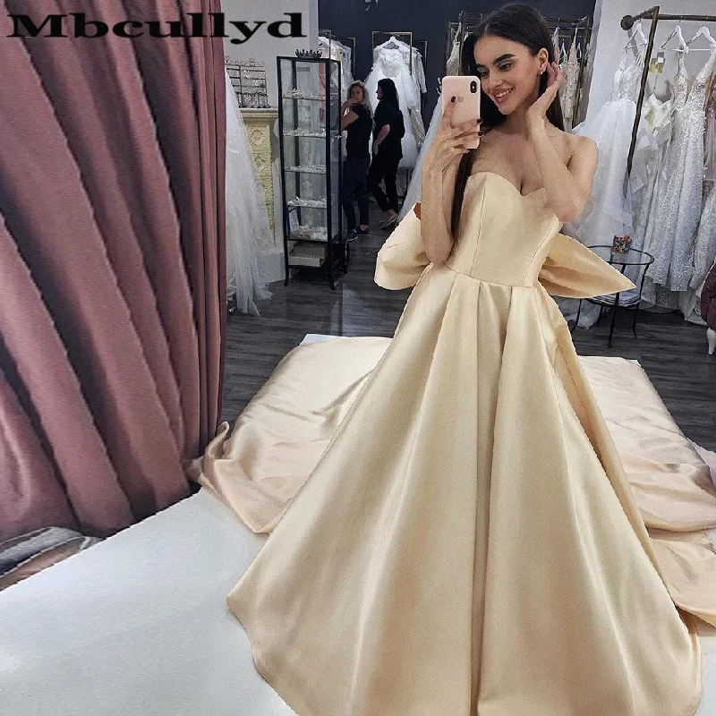 

Mbcullyd Stylish Champange Wedding Dresses Long 2020 Formal Sweetheart A-line Bridal Gowns With Big Bow Back vestidos de novia