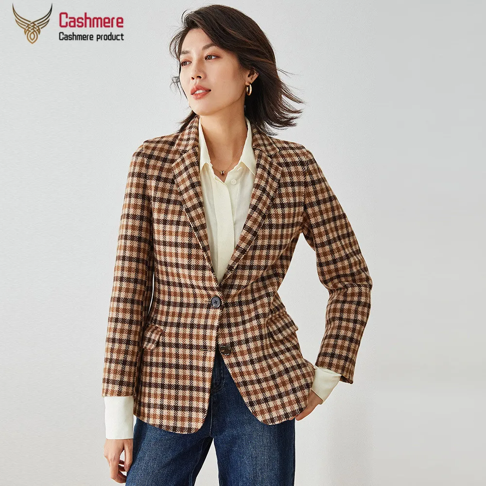 

Женский шерстяной костюм, куртка, Женский Осенний Повседневный клетчатый костюм, женский однобортный шерстяной маленький костюм, офисный п...