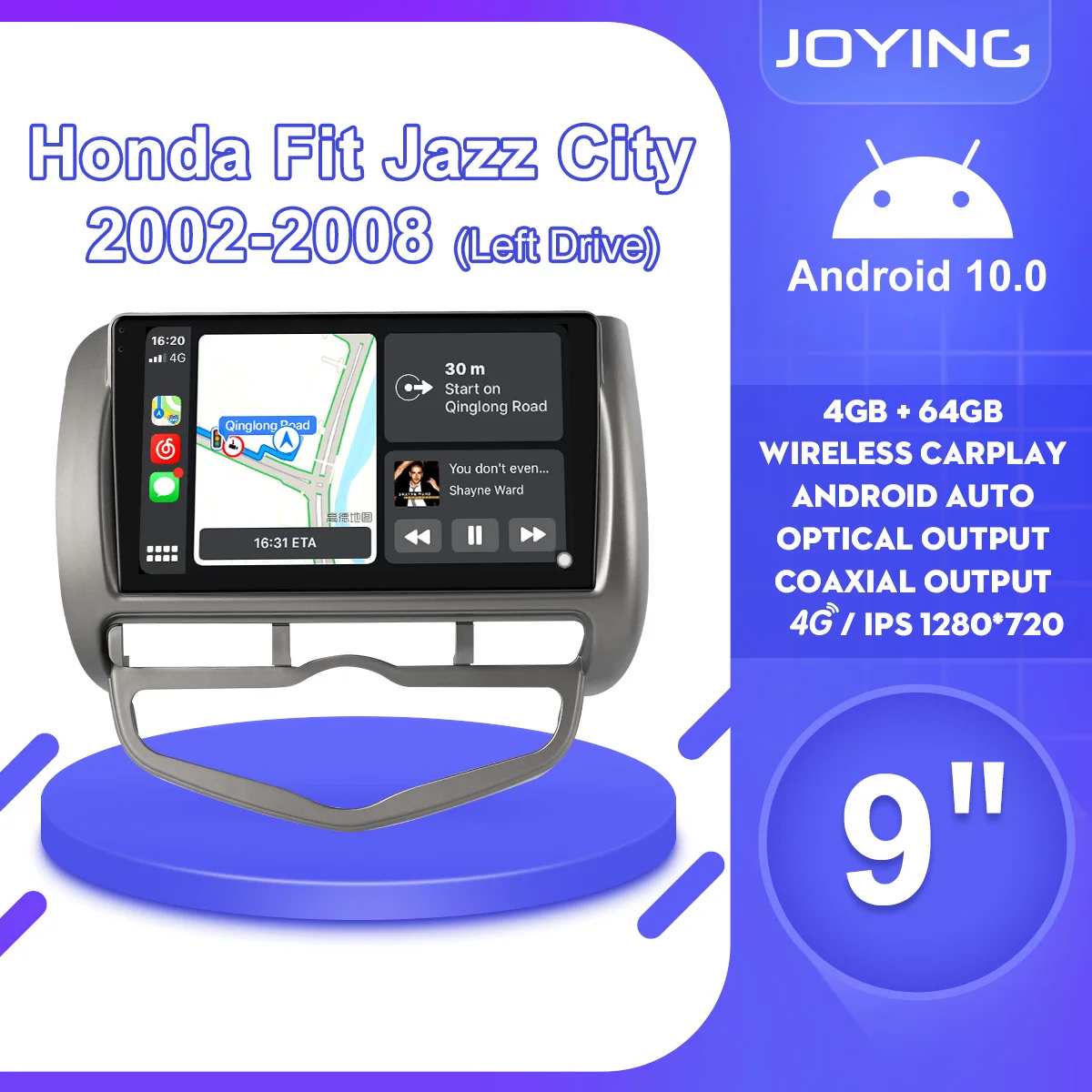 

9-дюймовый автомобильный радиоприемник Joying Android 10, стерео мультимедийный плеер для Honda Fit Jazz City 2002-2008 GPS DSP SPDIF Carplay Android Auto