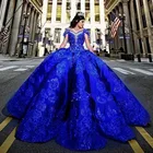 Скромные Королевский Синий Пышное Платье с украшением в виде кристаллов бисера Кружева Аппликация; Vestidos Para XV, сладкий 16 платье халат de Вечер