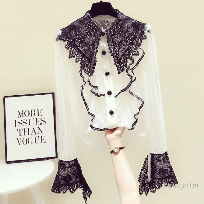 

Hollow Mesh Lace Shirt Women's Top 2021 Spring New Rhinestone Doll Collar Flare Sleeve Blouse Ladies Sexy Blusas Nancylim