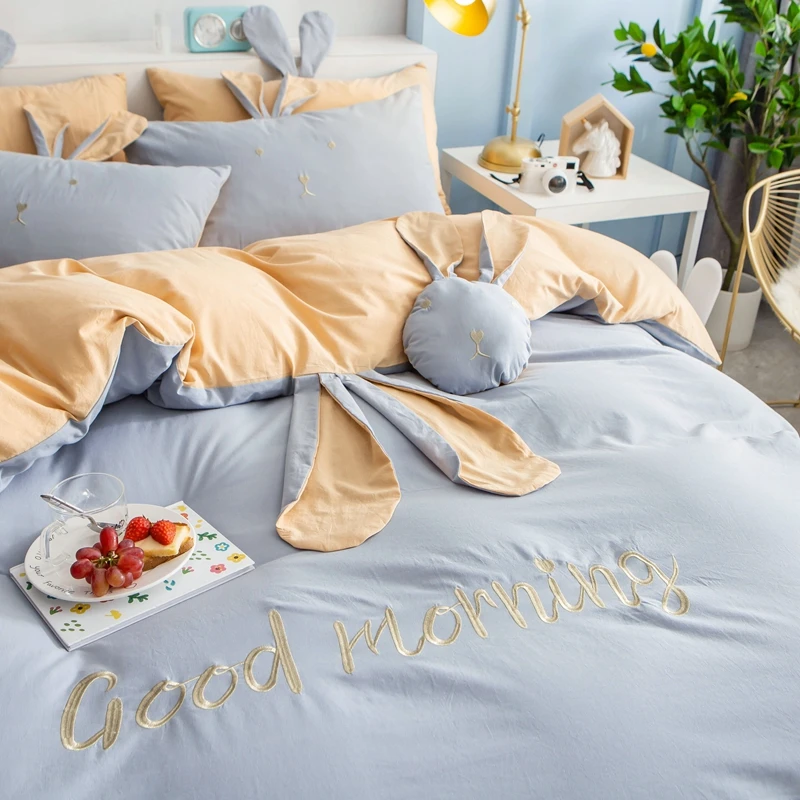 Cute Big Ear Rabbit Embroidery 100% Washed Cotton Girl Bedding Set Full Queen King Duvet Cover Bed Sheet/Linen Pillowcase 3/4pcs | Дом и сад