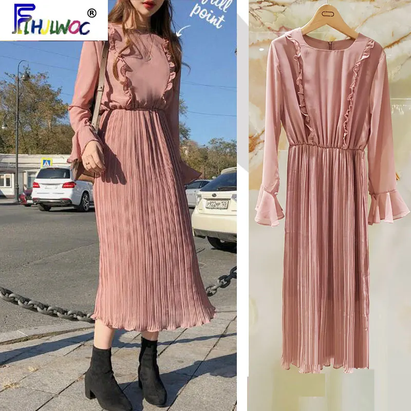 

2020 длинные женские платья с расклешенными рукавами, облегающее плиссированное платье А-силуэта с эластичным поясом и оборками, дизайнерска...