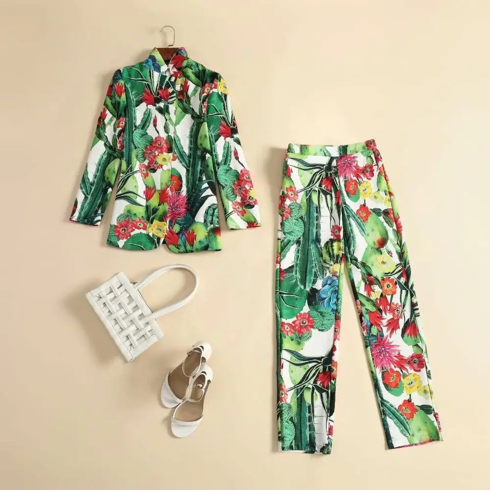 

European and American women's wear 2020 winter new style Long-sleeved cactus flower print coat trousers Fashion suits