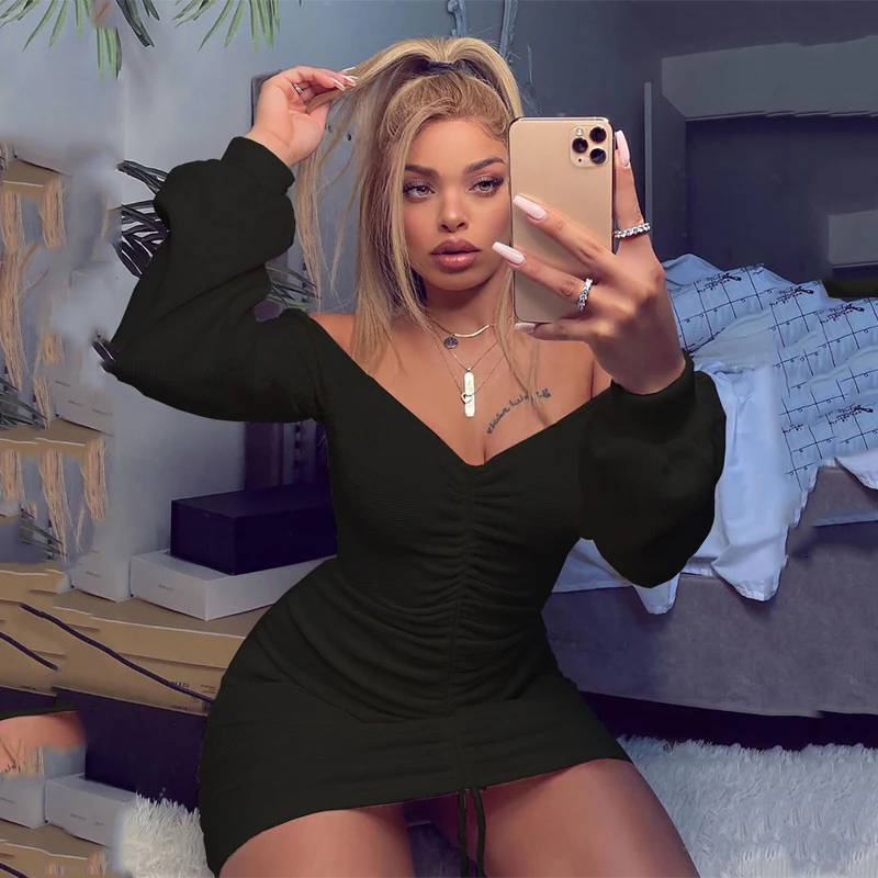 

New Sexy Drawstring Bandage Dress Women Spring Autumn Off Shoulder Long Sleeve Mini Dress Ruched Bodycon Party Dresses For Women