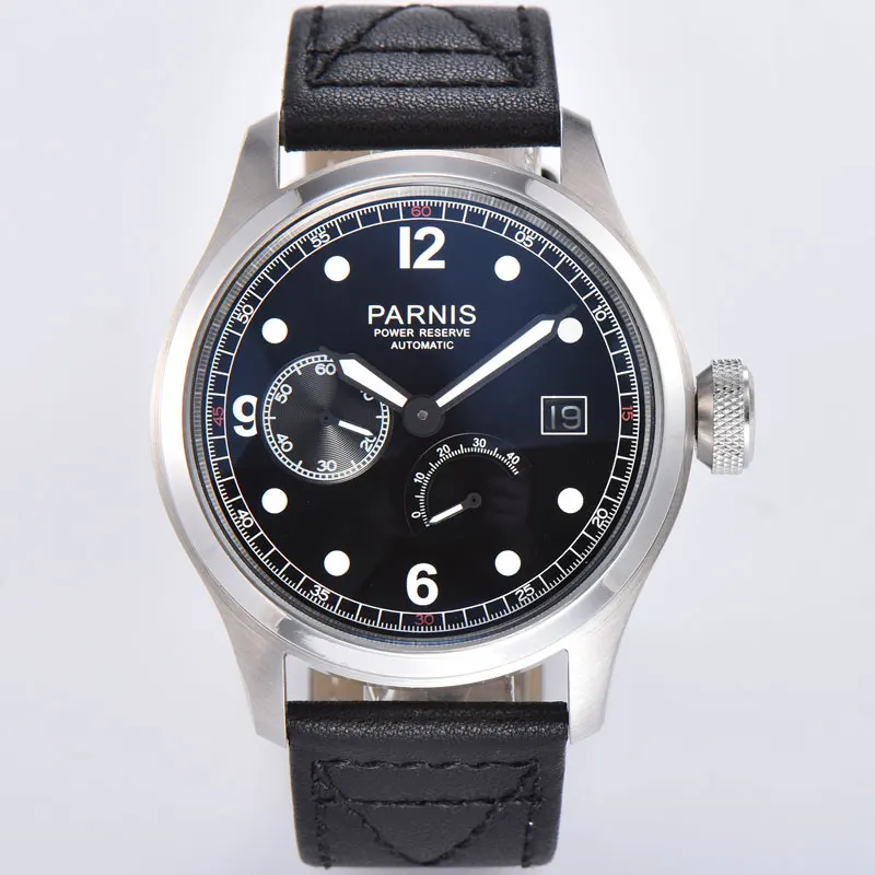 

Parnis 46mm top mechanical watch black dial power reserve date show 2530 Automatic Movement Men watches