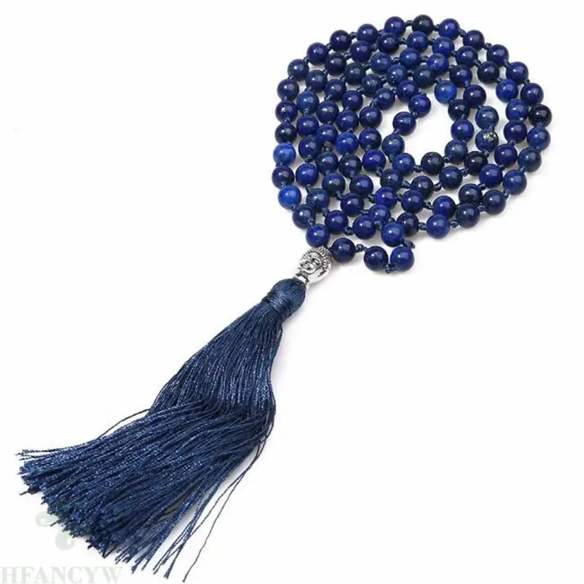

6mm Lapis lazuli Gemstone 108 Beads Tassels Mala Necklace Buddhism Handmade Unisex Lucky Wristband Fancy MONK